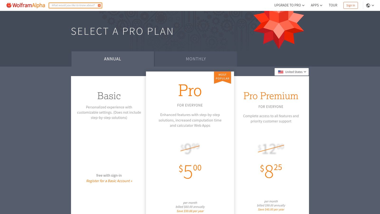 Wolfram|Alpha Pro pricing plans showing Student and Educator options