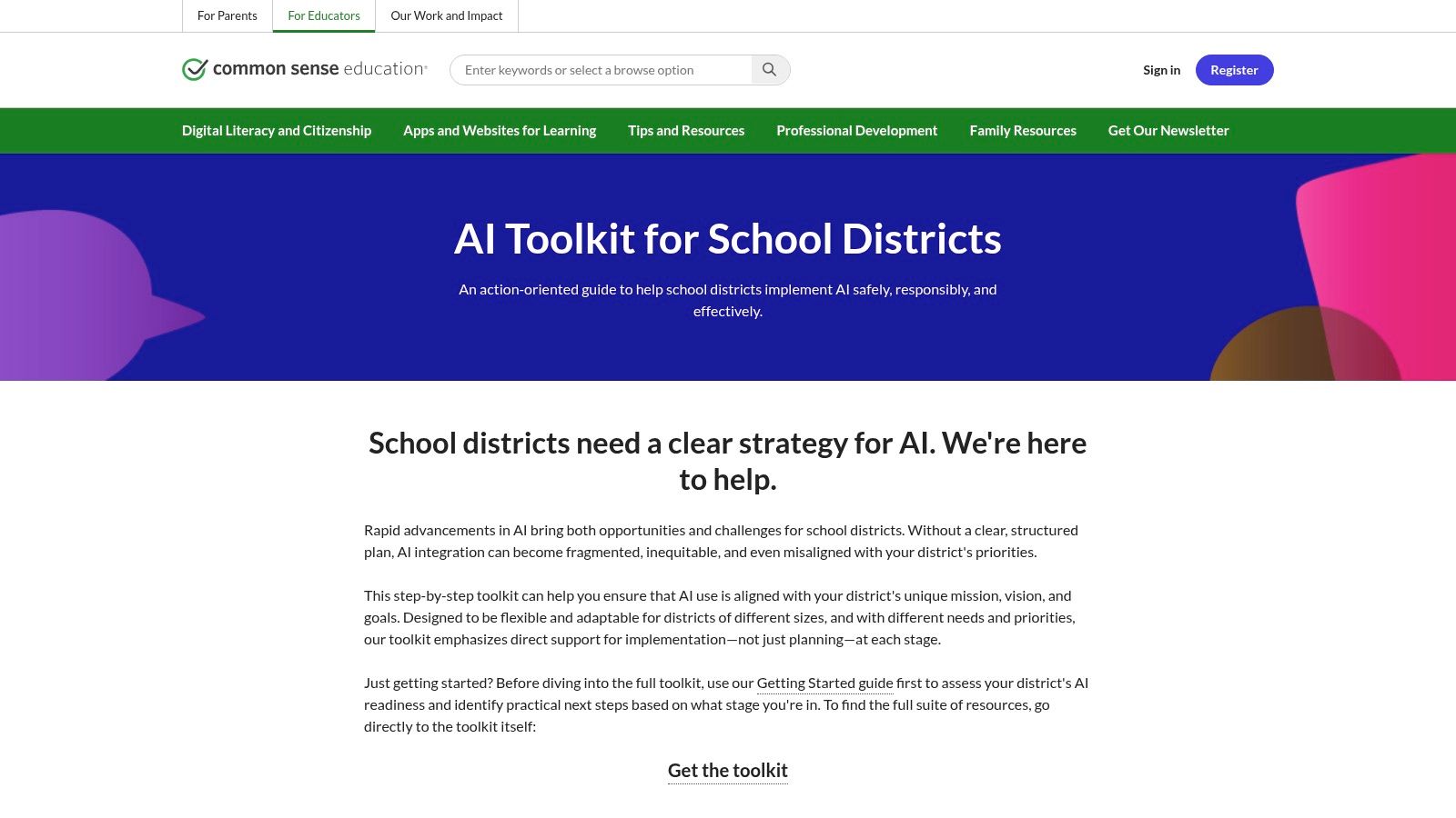 Common Sense Education – AI Toolkit and PD for Educators website homepage.