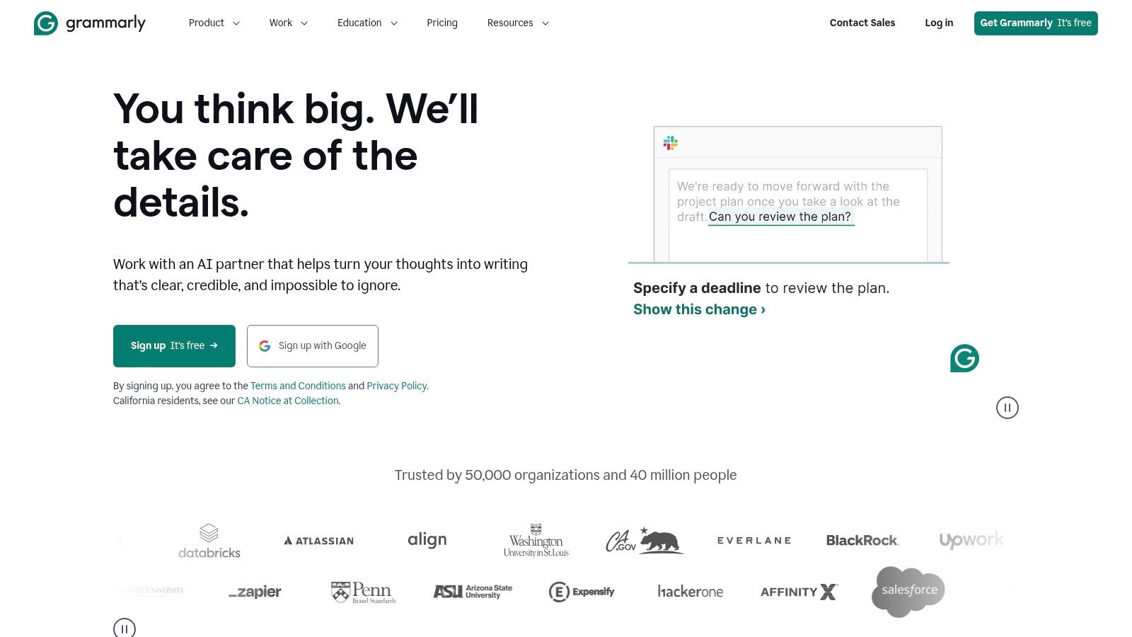 A user interacting with the Grammarly AI writing assistant on its homepage
