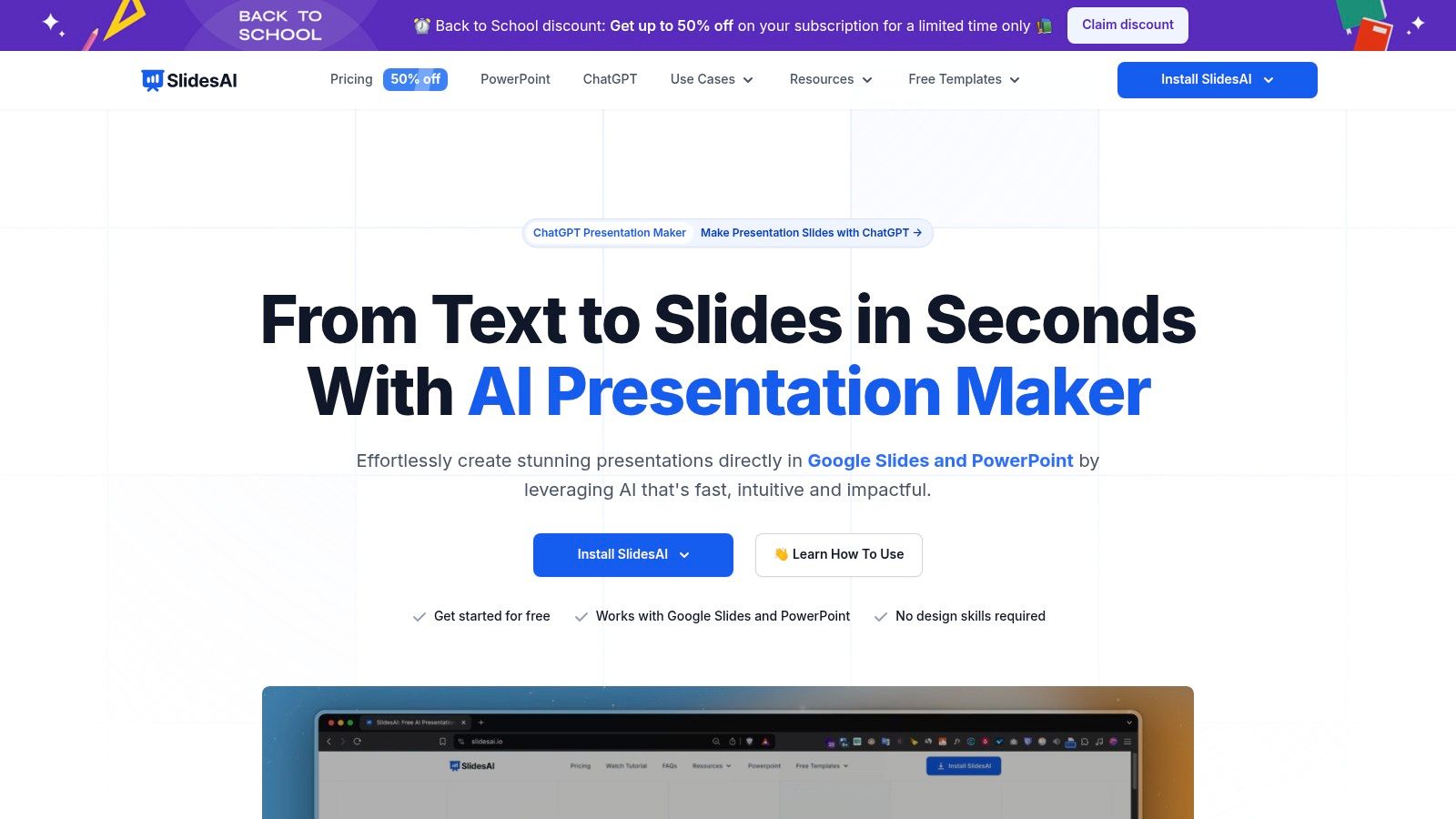 The user interface of SlidesAI.io showing the 'Generate Slides' feature within Google Slides, where a user can input text to create a presentation.