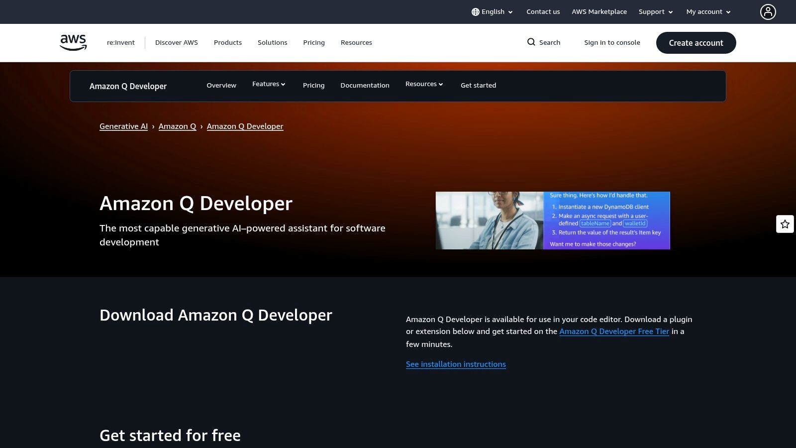 An illustration of the Amazon Q Developer logo with abstract code and cloud icons in the background.