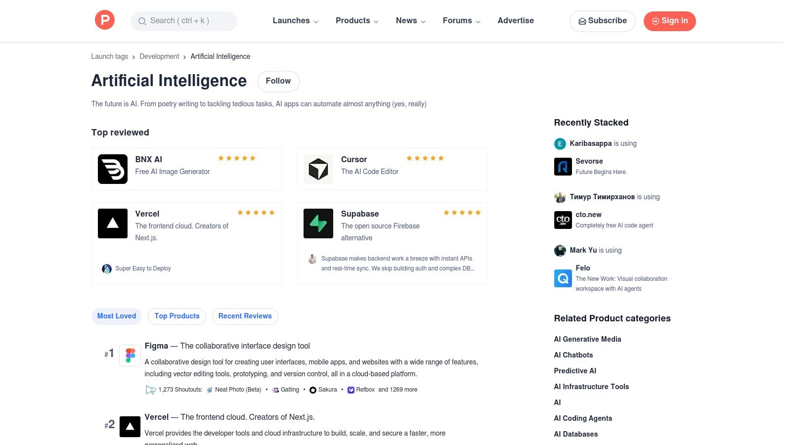 A screenshot of the Product Hunt website showing its "Artificial Intelligence" topic page, listing various newly launched AI products.