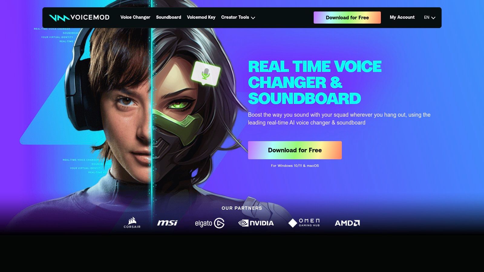 Voicemod user interface showing a selection of real-time AI voice filters and a soundboard.