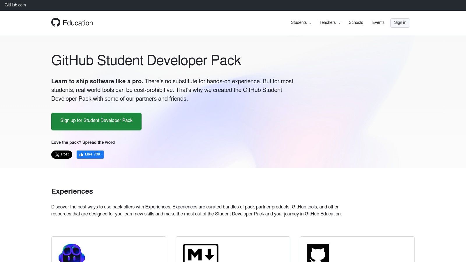 A screenshot of the GitHub Student Developer Pack homepage showing various partner logos and the call to action for students.