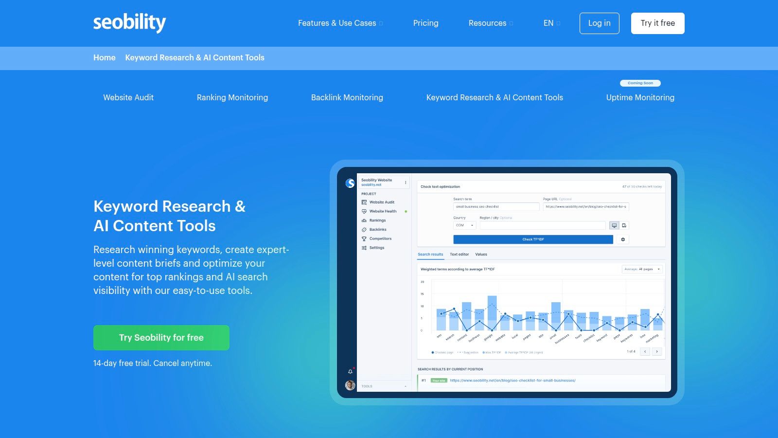 Seobility dashboard showing its keyword research tool