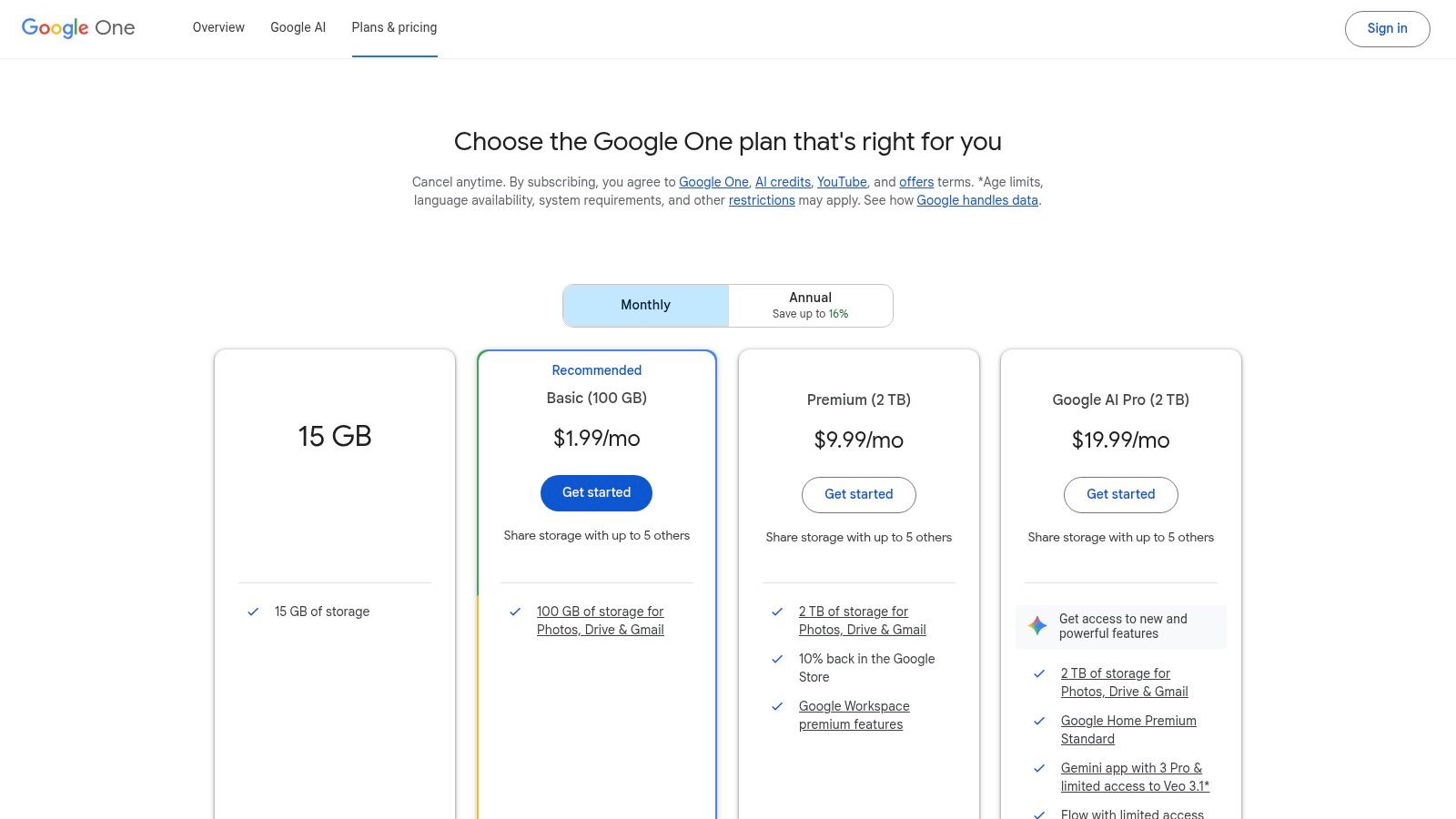 A screenshot of the Google One AI Pro plan page, highlighting Gemini Advanced and its integration into Google apps.