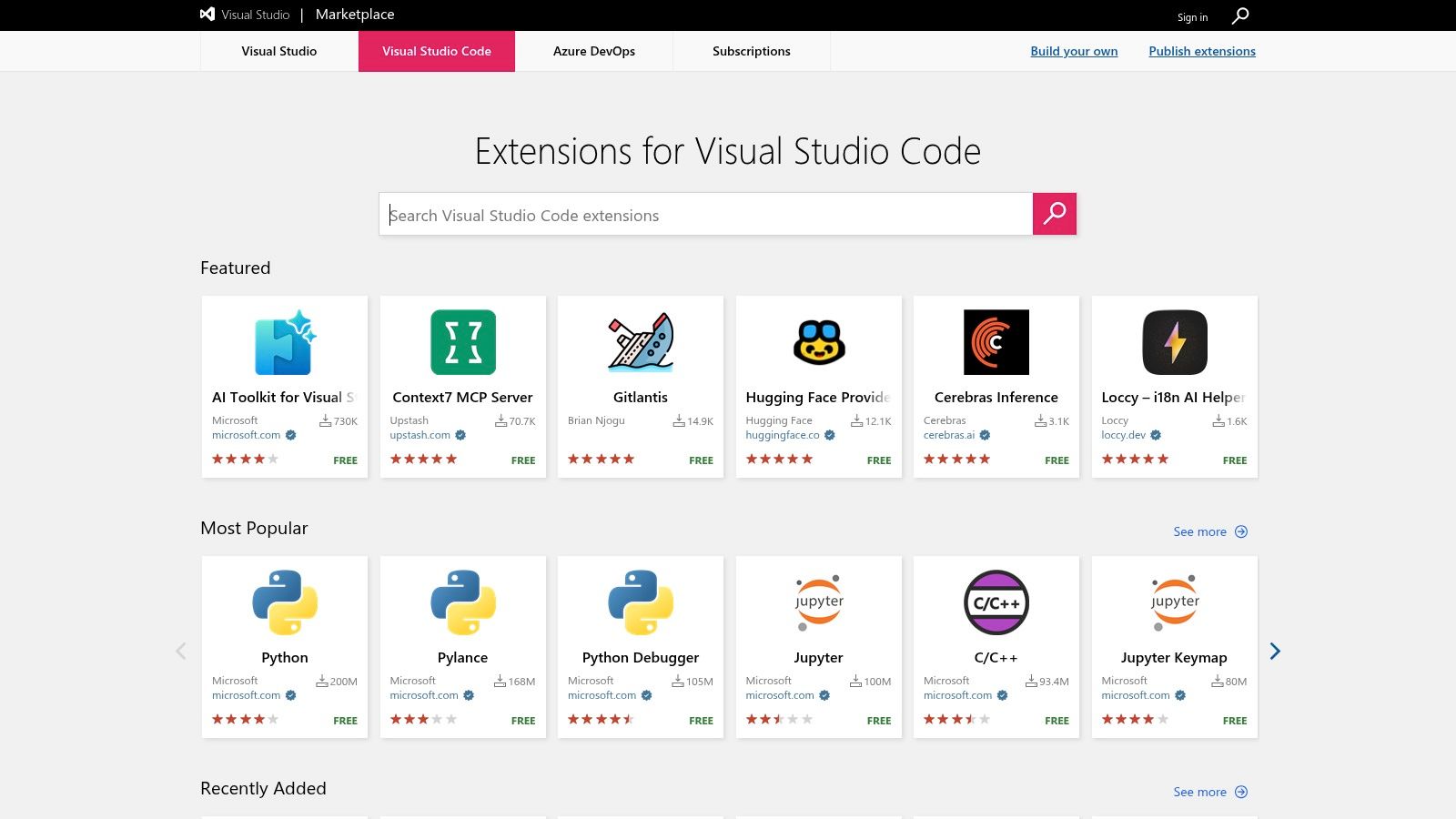 The Visual Studio Code Marketplace showcasing various AI-powered extensions available for download.