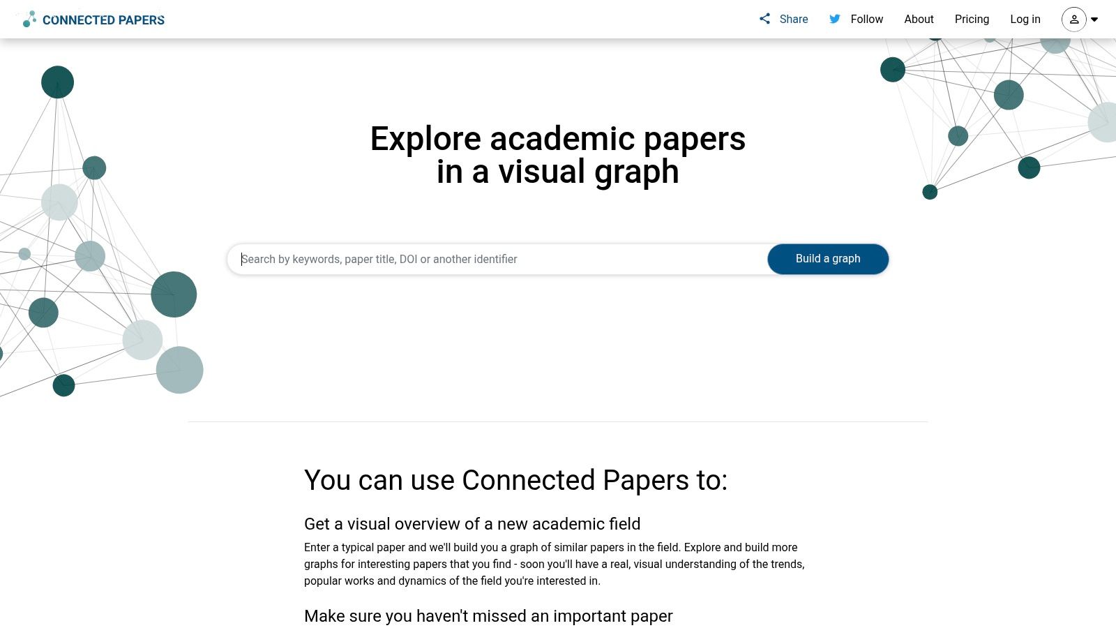 A visual graph interface of the Connected Papers platform, showing interconnected research papers as nodes.