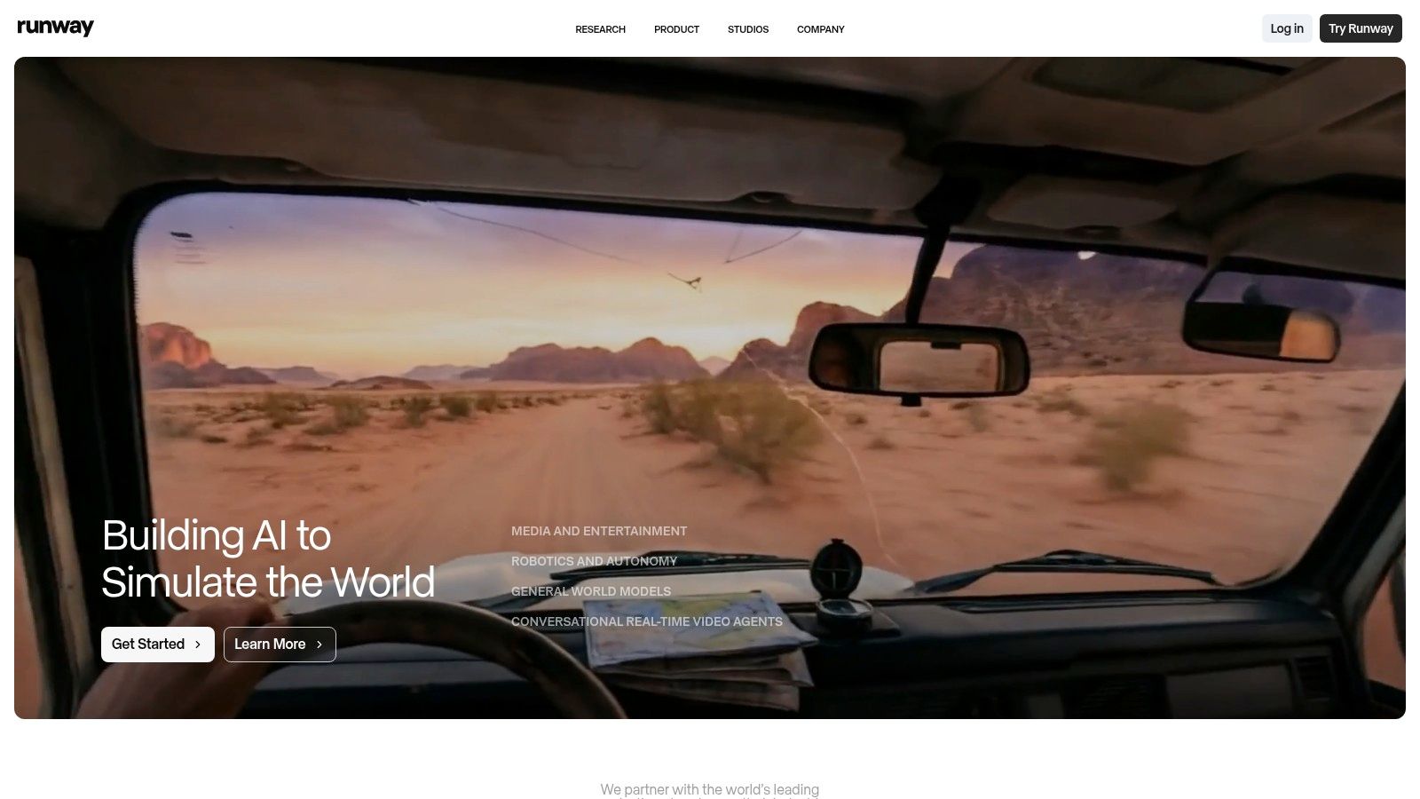 Runway's web-based interface showing AI-generated video clips and editing tools, highlighting its focus on creative generation.