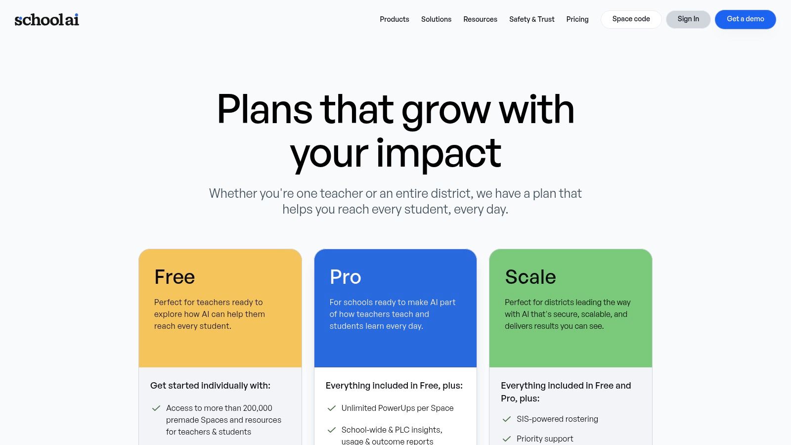 The SchoolAI dashboard showing various premade 'Spaces' for classroom activities, designed for student-safe AI interaction.