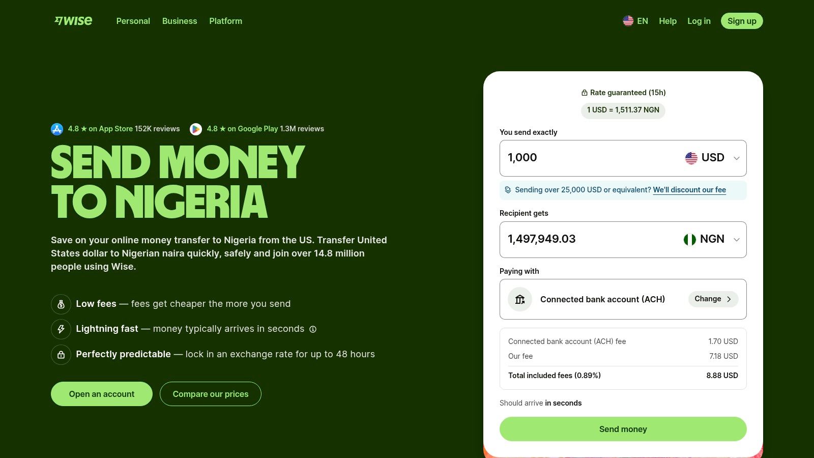 A screenshot of the Wise app interface showing a clean and simple design for sending money to Nigeria.