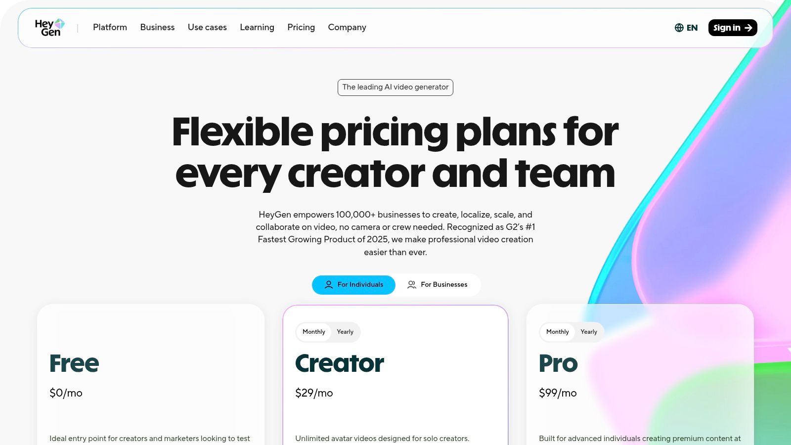 HeyGen’s pricing plans, which are credit-based and scale from free trials to comprehensive business solutions.