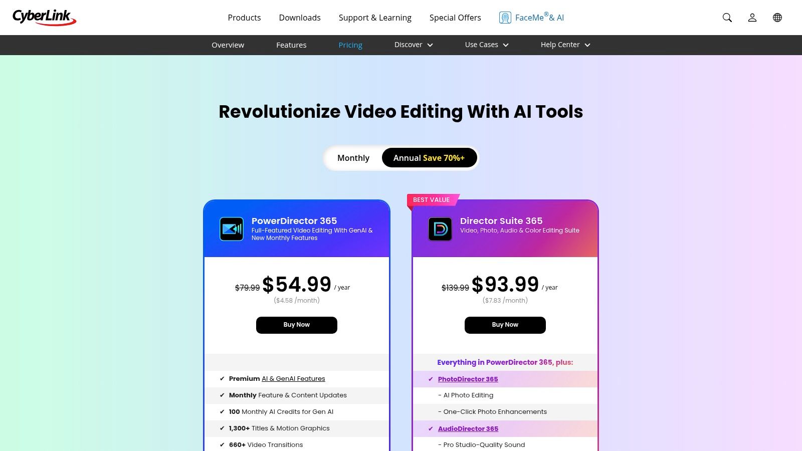 CyberLink PowerDirector 365's AI features, including text-based editing and a talking avatar generator.