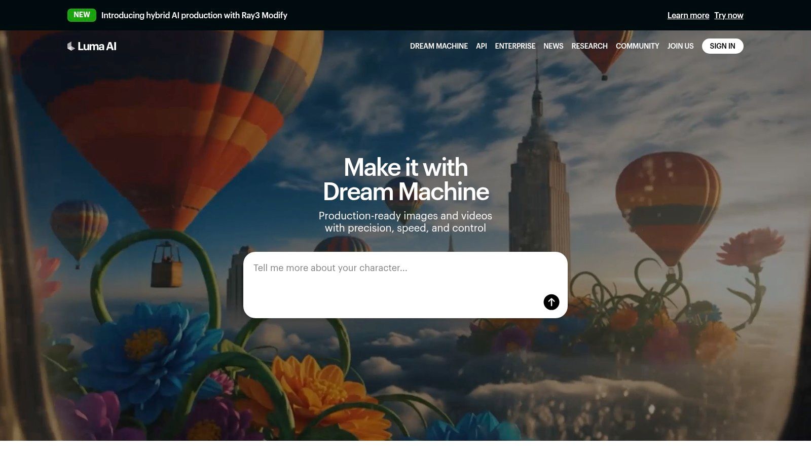 The Luma AI Dream Machine interface, showing a prompt bar and generated video examples, highlighting its clean design.
