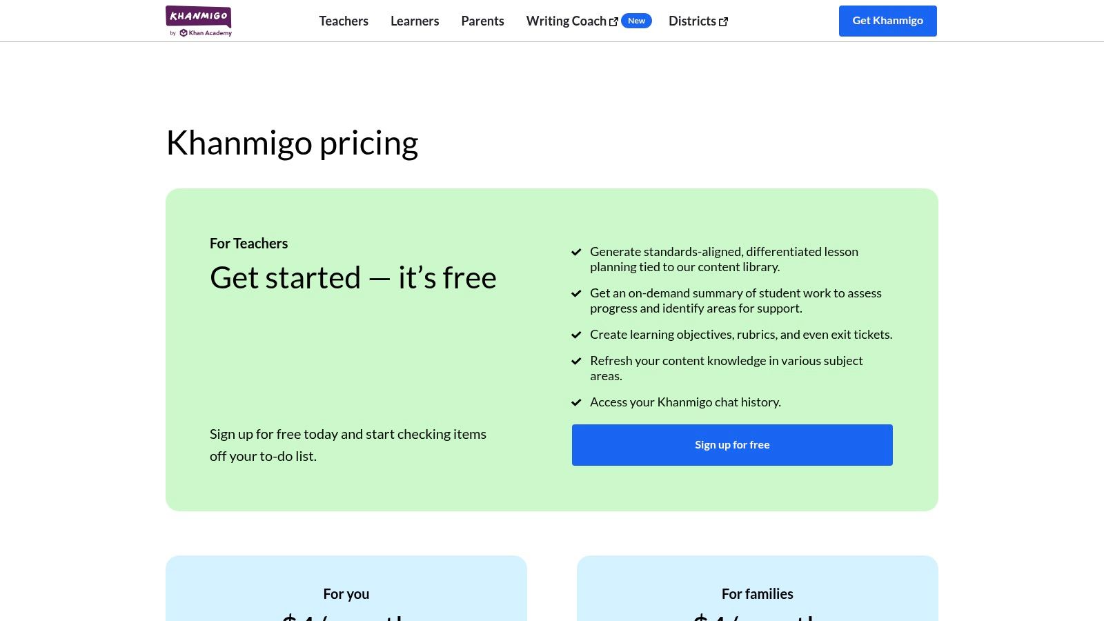 Khan Academy – Khanmigo AI assistant interface showing a student-tutor interaction.