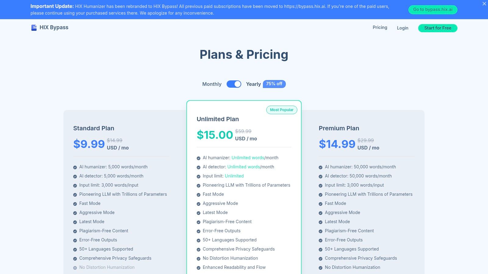 A screenshot of the pricing plans for HIX Bypass, showing different tiers for their AI humanizer tools.