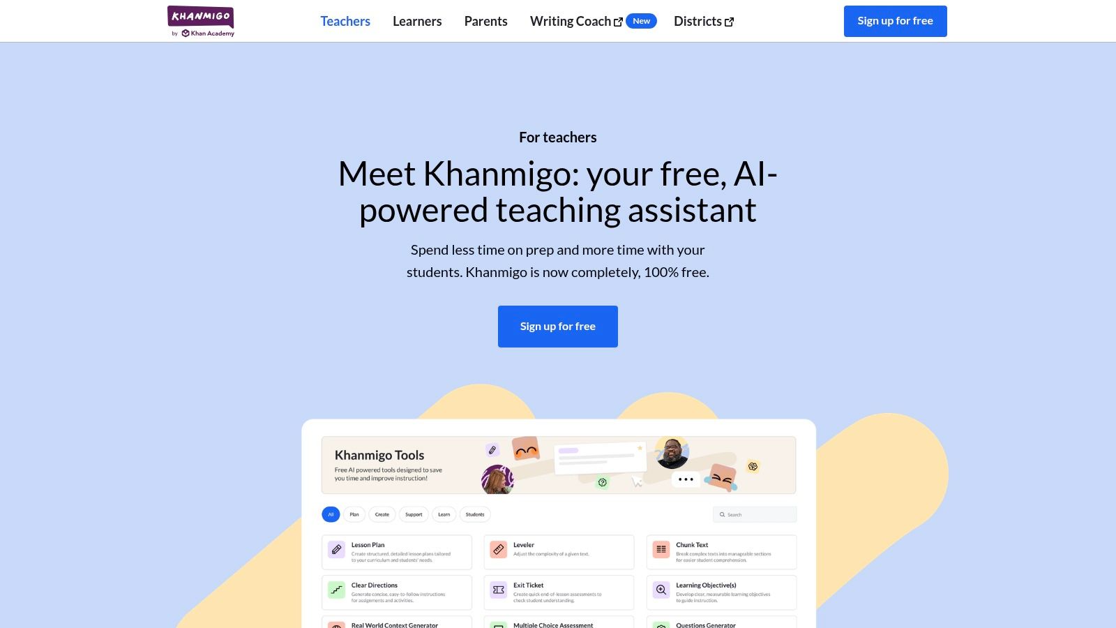 A screenshot of the Khanmigo for Teachers dashboard showing AI-powered tools like "Create a hook" and "Generate learning objectives".