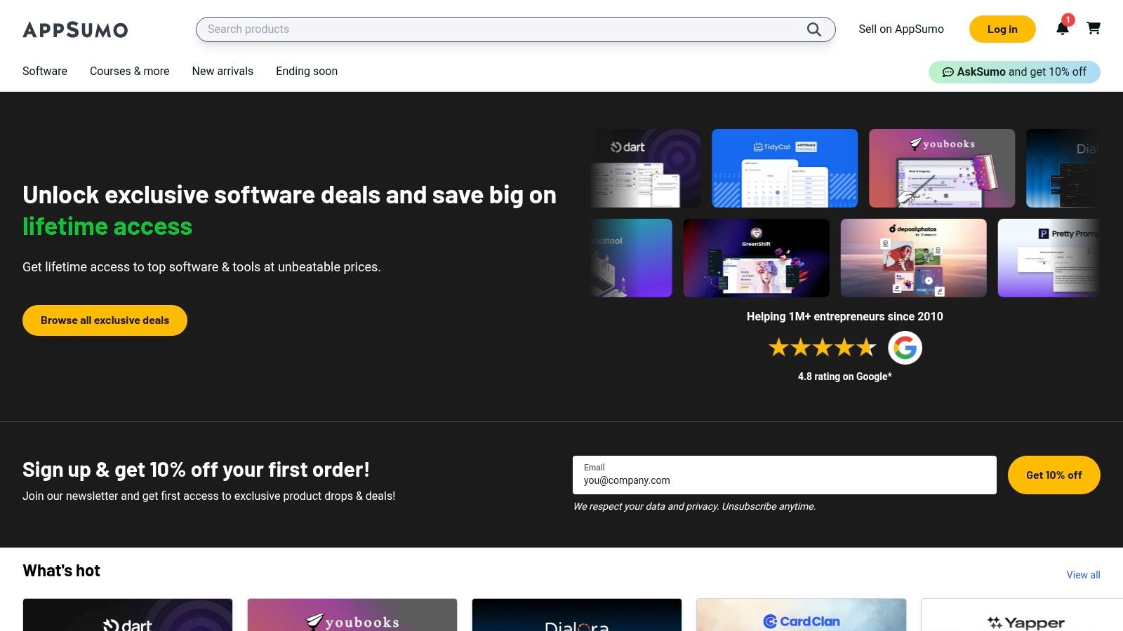 A screenshot of the AppSumo homepage, showcasing a variety of discounted software deals.