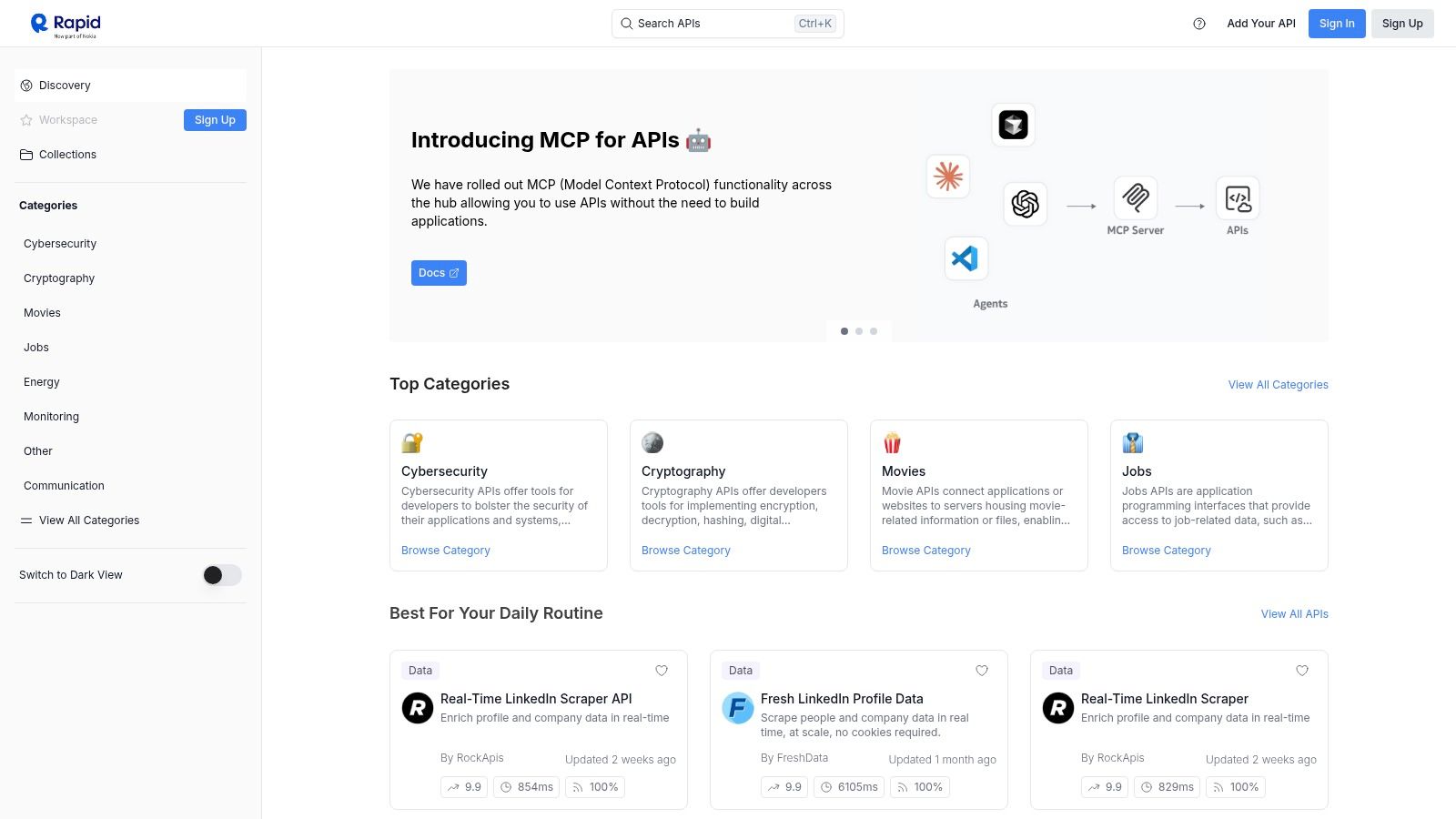 The Rapid API Hub marketplace, showcasing various AI and Machine Learning APIs available for developers to integrate.
