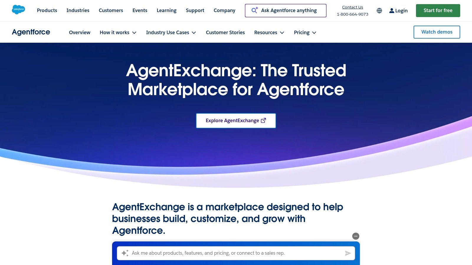 A screenshot of the Salesforce AgentExchange marketplace, showing various pre-built AI agents available for deployment. Each agent has a specific function, like "Service Agent" or "Sales Assistant," highlighting the platform's focus on business roles.
