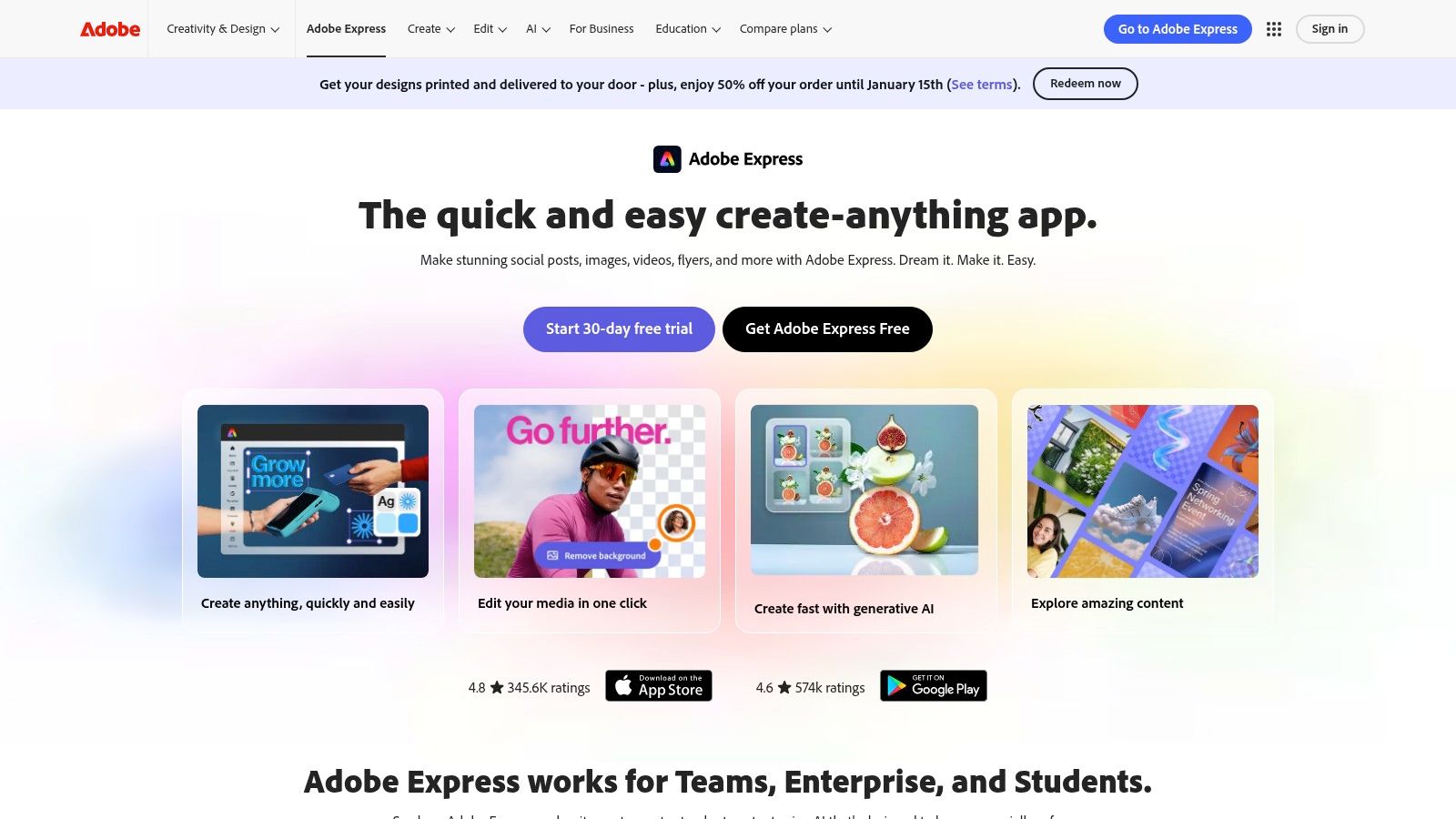 A screenshot of the Adobe Express interface showing AI-powered design and social media scheduling tools.