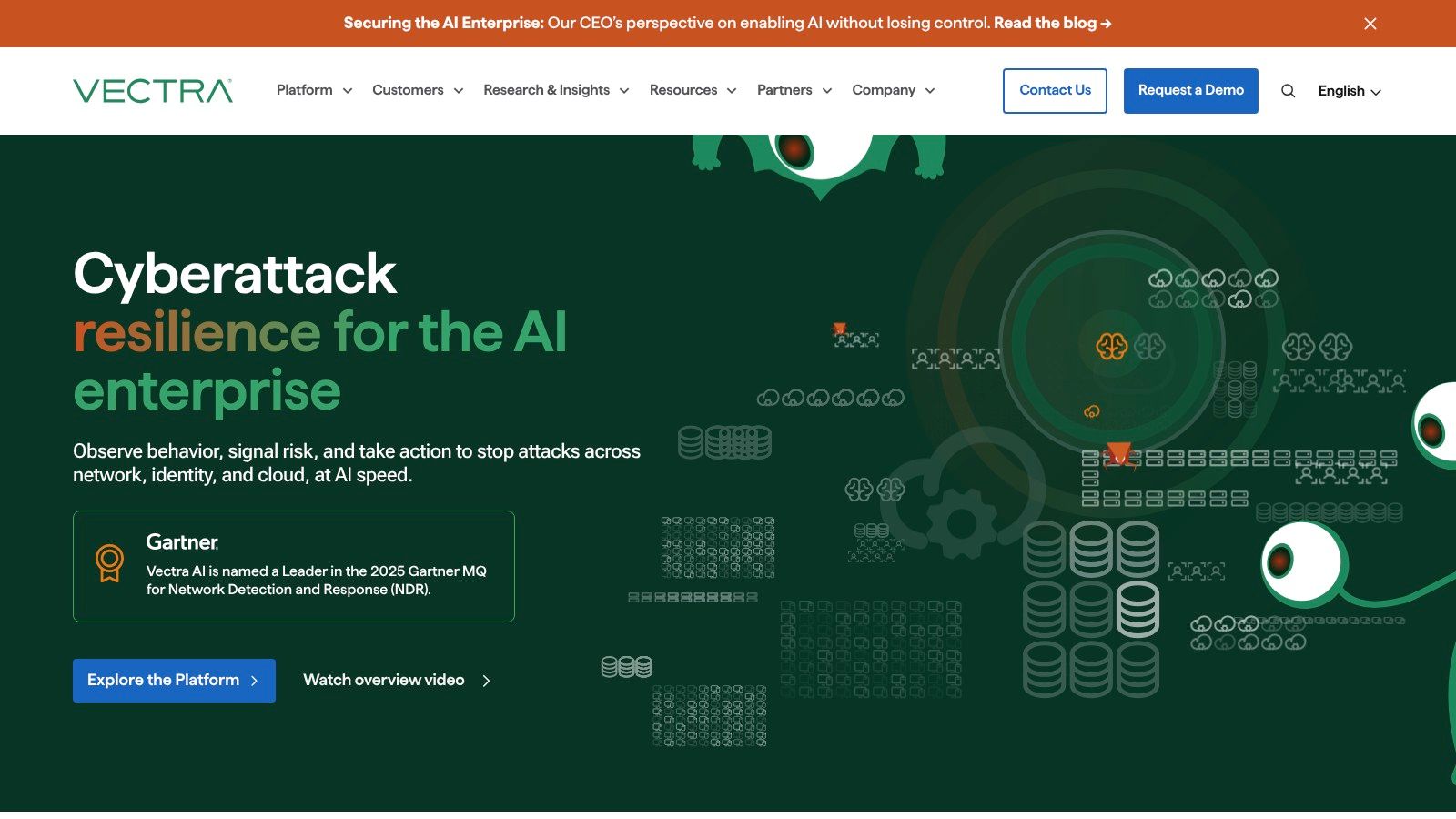 Vectra AI's NDR Platform dashboard highlighting active threat detections.