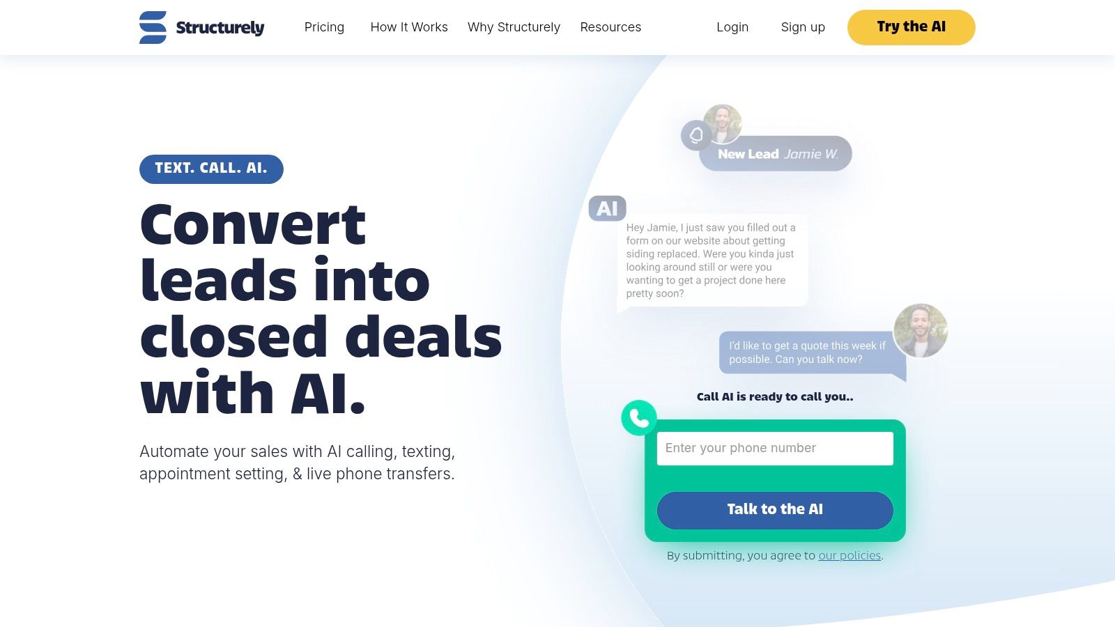 A dashboard view of the Structurely platform showing AI conversations and lead status.