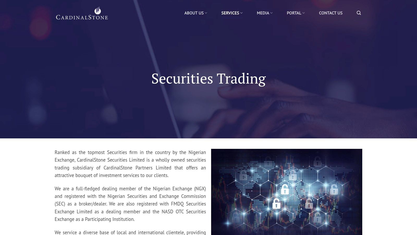A screenshot of the CardinalStone TradeDirect online trading portal, showing a clean dashboard with market data and portfolio information.