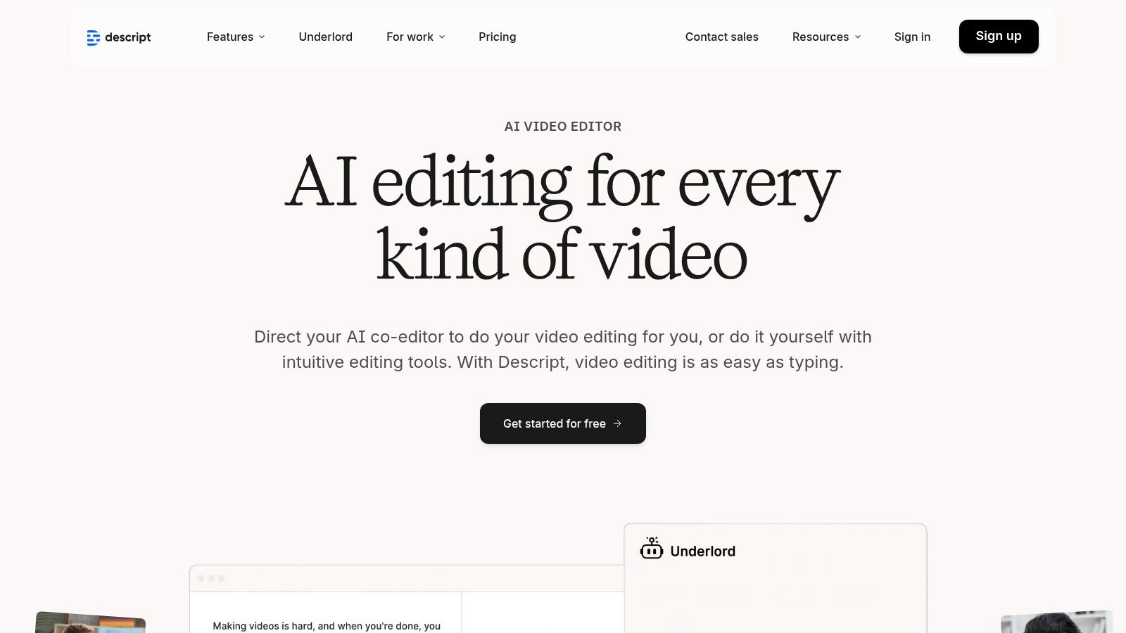 Descript's text-based video editing interface, showing how users can edit video by editing the transcript.