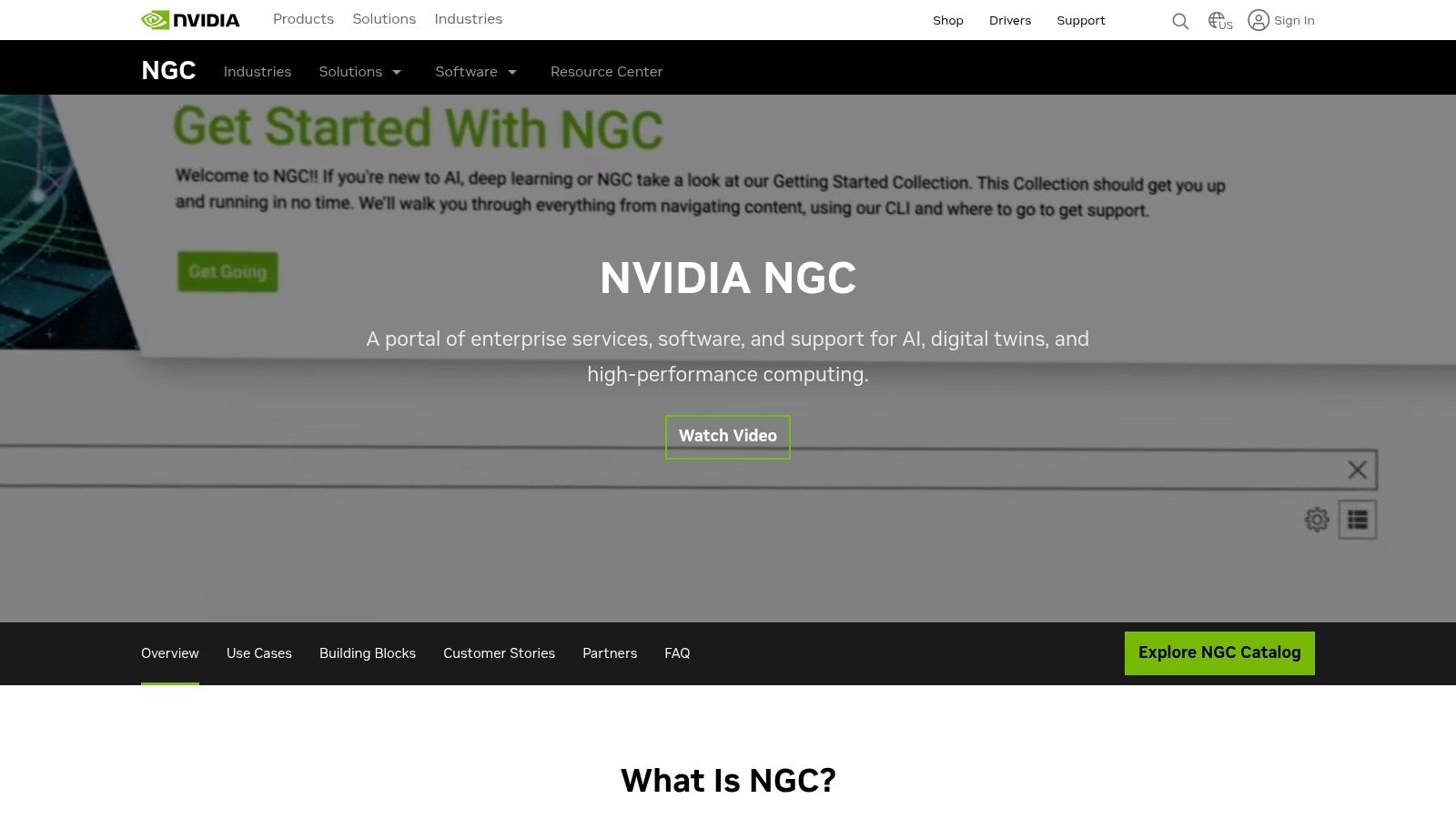 The NVIDIA NGC Catalog dashboard showing a variety of available GPU-optimized containers and models.
