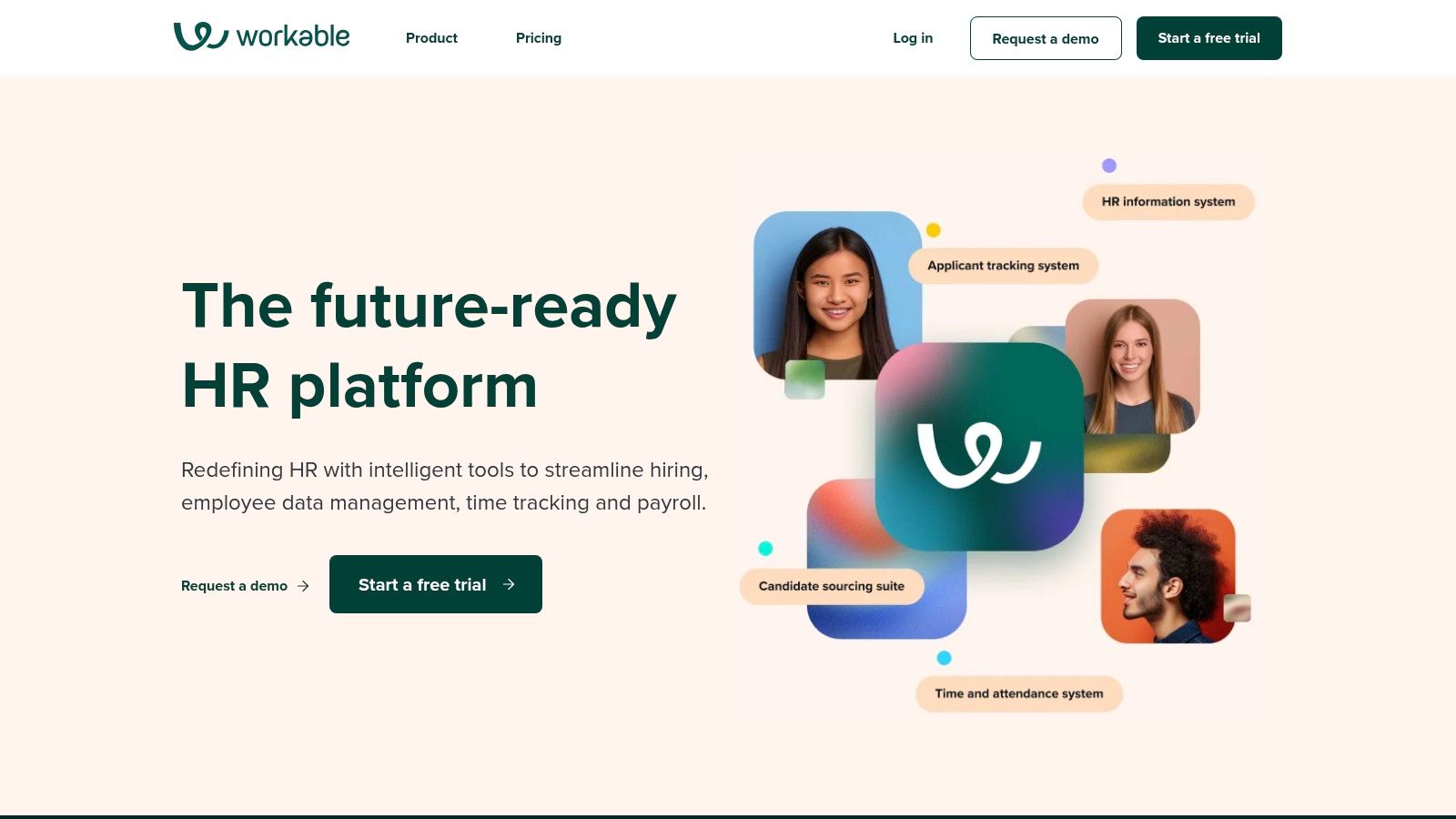 The Workable platform interface showing candidate profiles and sourcing tools.