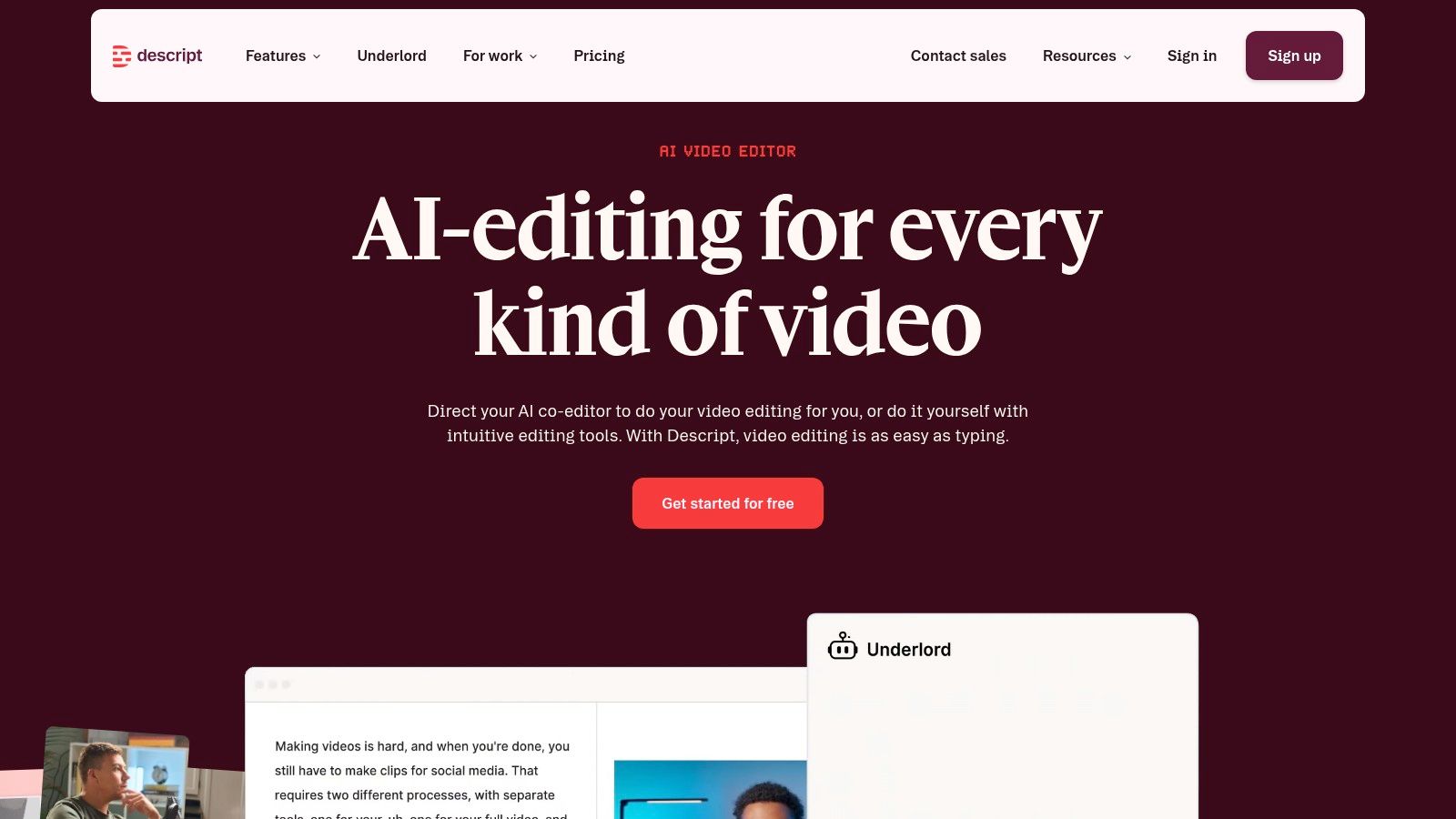 A screenshot of the Descript interface showing video editing via a text transcript.