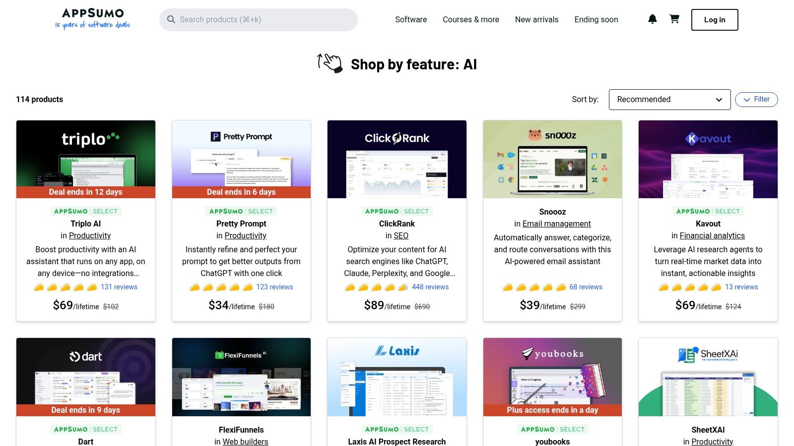 A screenshot of the AppSumo website showing its curated collection of AI tools and deals.