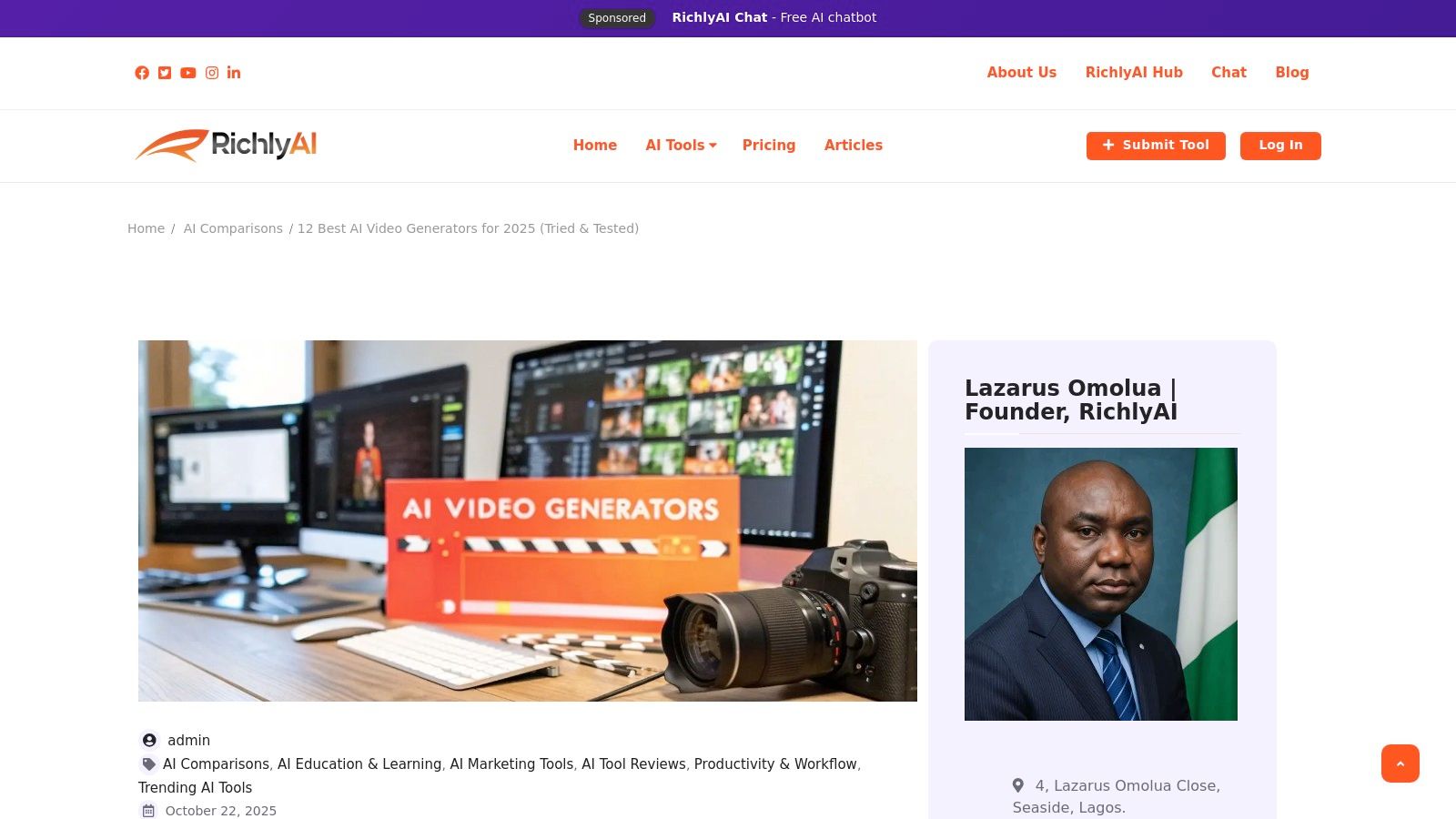 A screenshot of the RichlyAI 'Best AI Video Generators' hub, showcasing a grid of different AI video tools with their logos and short descriptions.