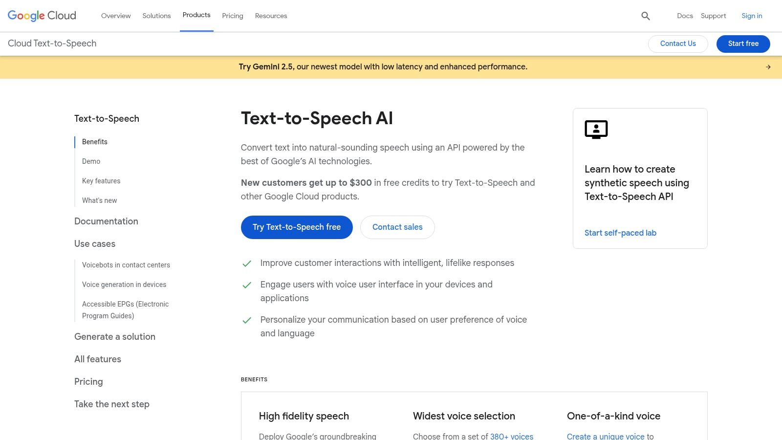Google Cloud Text-to-Speech documentation page showing code samples and API details.