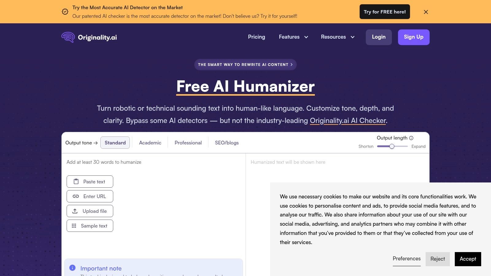 An interface showing Originality.ai's free AI humanizer tool with text input and output fields, alongside controls for tone, length, and depth.