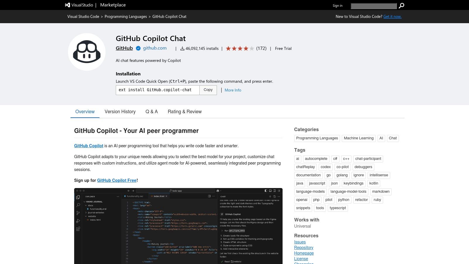 The Visual Studio Code Marketplace page for the GitHub Copilot Chat extension, showing the install button and extension details.