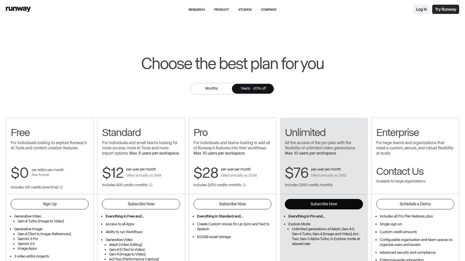 A screenshot of the Runway platform's pricing page, showing different subscription tiers.