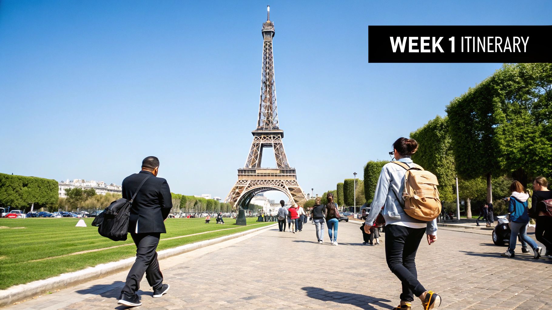 Paris street view with the Eiffel Tower in the background