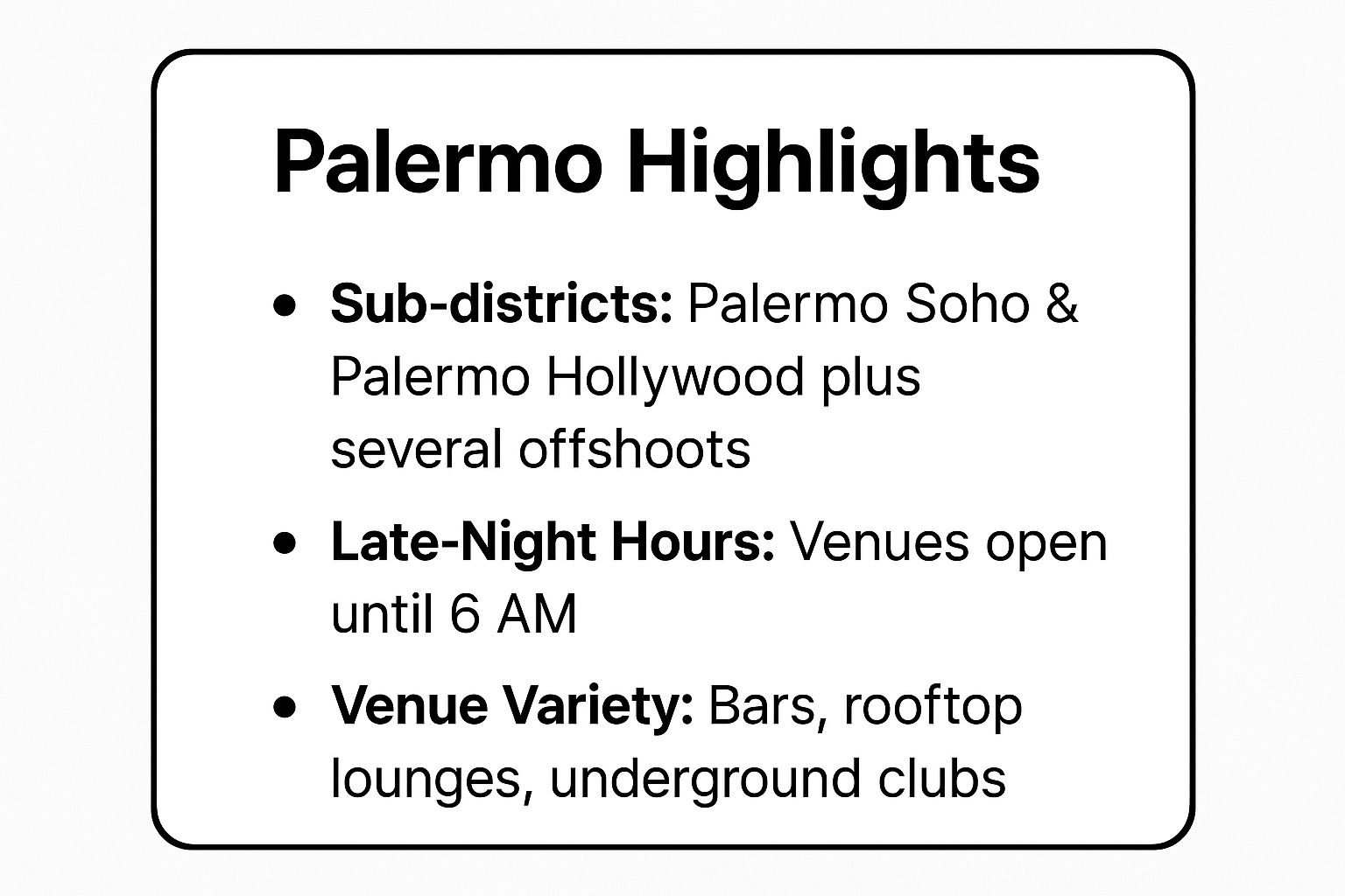 Top Nightlife Neighborhoods in Buenos Aires for Solo Travelers 3 Infographic showing key data about Palermo - The Diverse Party Central