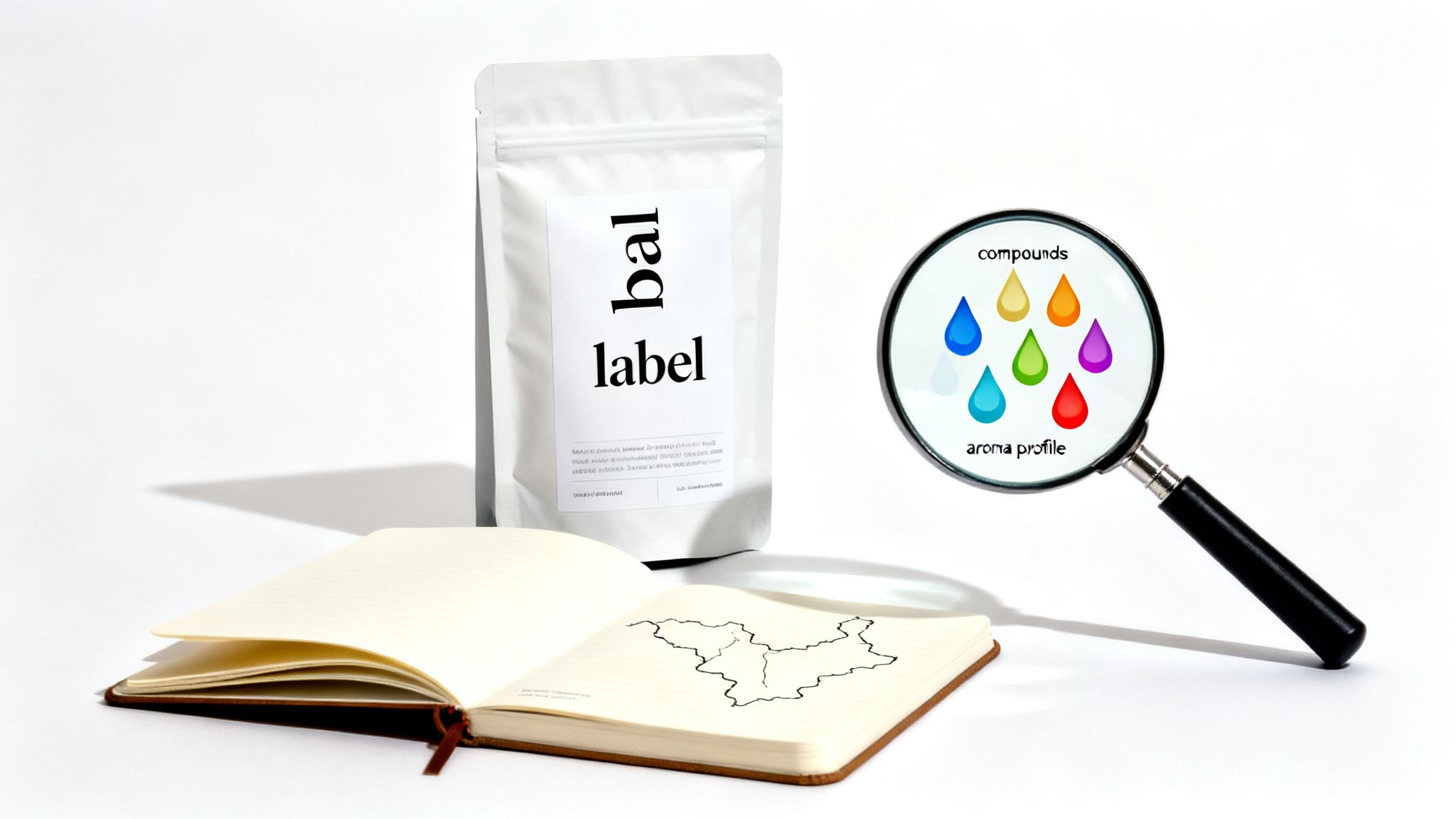 Does sativa make you sleepy: debunking myths and your cannabis experience 2 A white product pouch with 'bal label', an open notebook, and a magnifying glass showing aroma compounds.