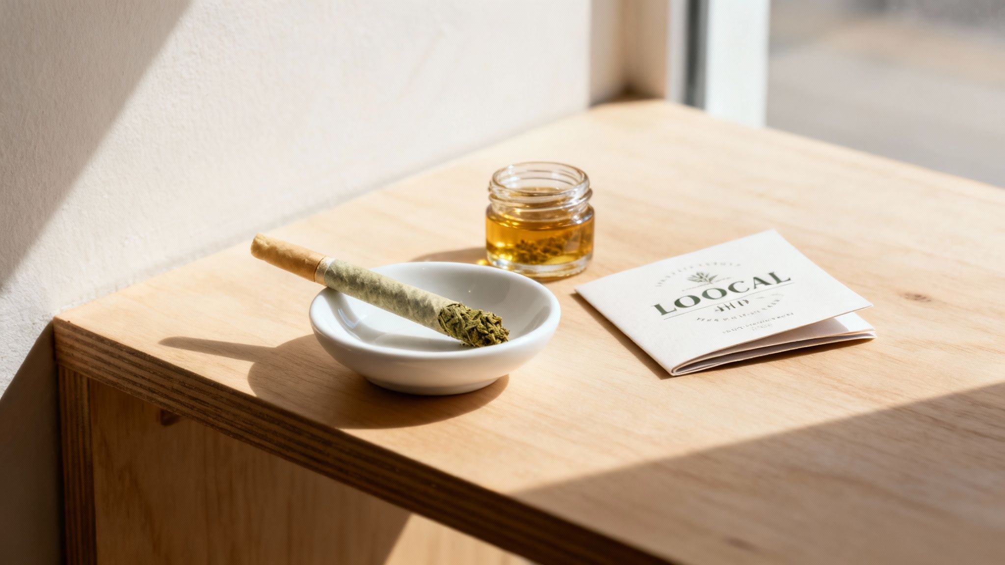 A Complete Guide to Infused Pre Rolls 1 A cannabis pre-roll in a small white dish next to a jar of oil and a LOOCAL booklet on a wooden table.