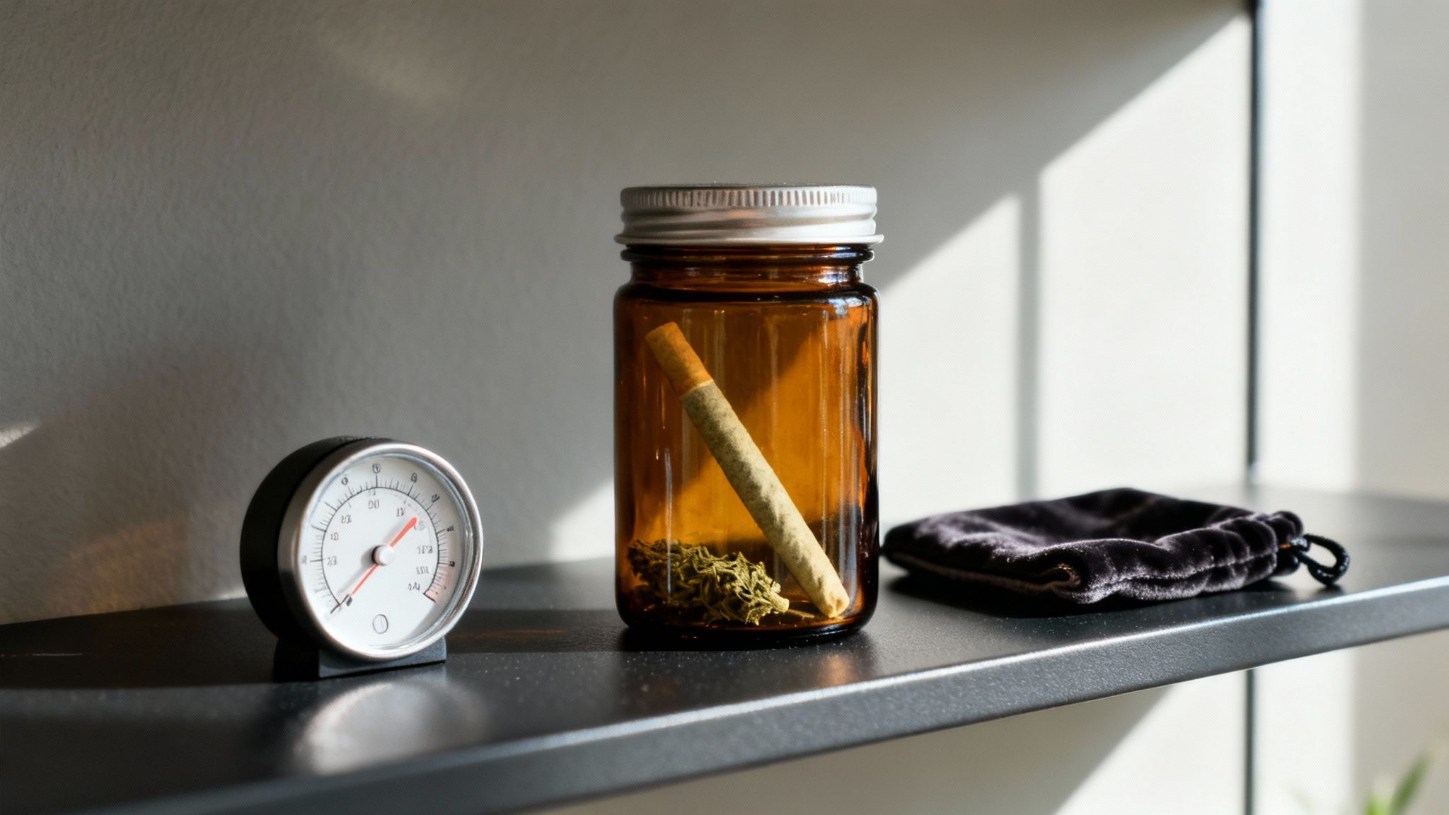 A Complete Guide to Infused Pre Rolls 4 Cannabis buds and pre-rolled joint in an amber jar, with a gauge and velvet pouch on a shelf.
