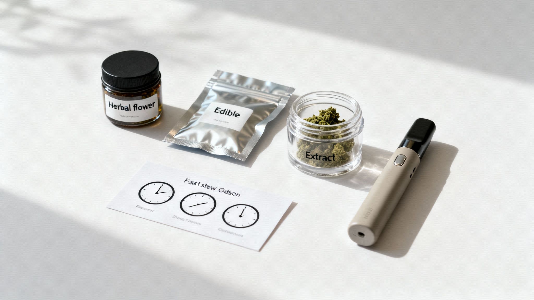 Indica vs Sativa Effects What Really Matters 4 A flat lay of various cannabis products including herbal flower, edible, extract, and a vape pen.