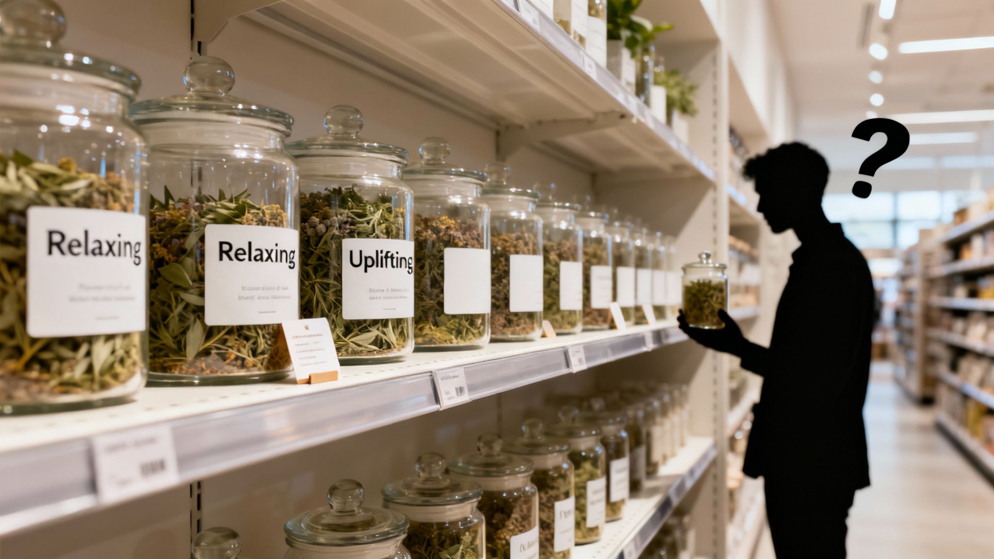 Indica vs Sativa Effects What Really Matters 3 Silhouette of a person contemplating herbal jars labeled 'Relaxing' and 'Uplifting' in a store.
