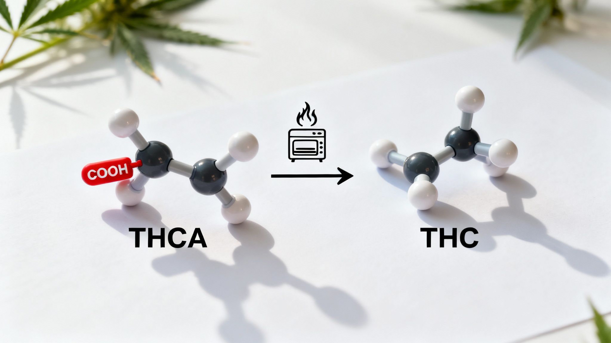THC vs THCA Understanding The Key Cannabis Differences 2 Chemical reaction showing THCA molecular model transforming into THC with heat and cannabis leaves.