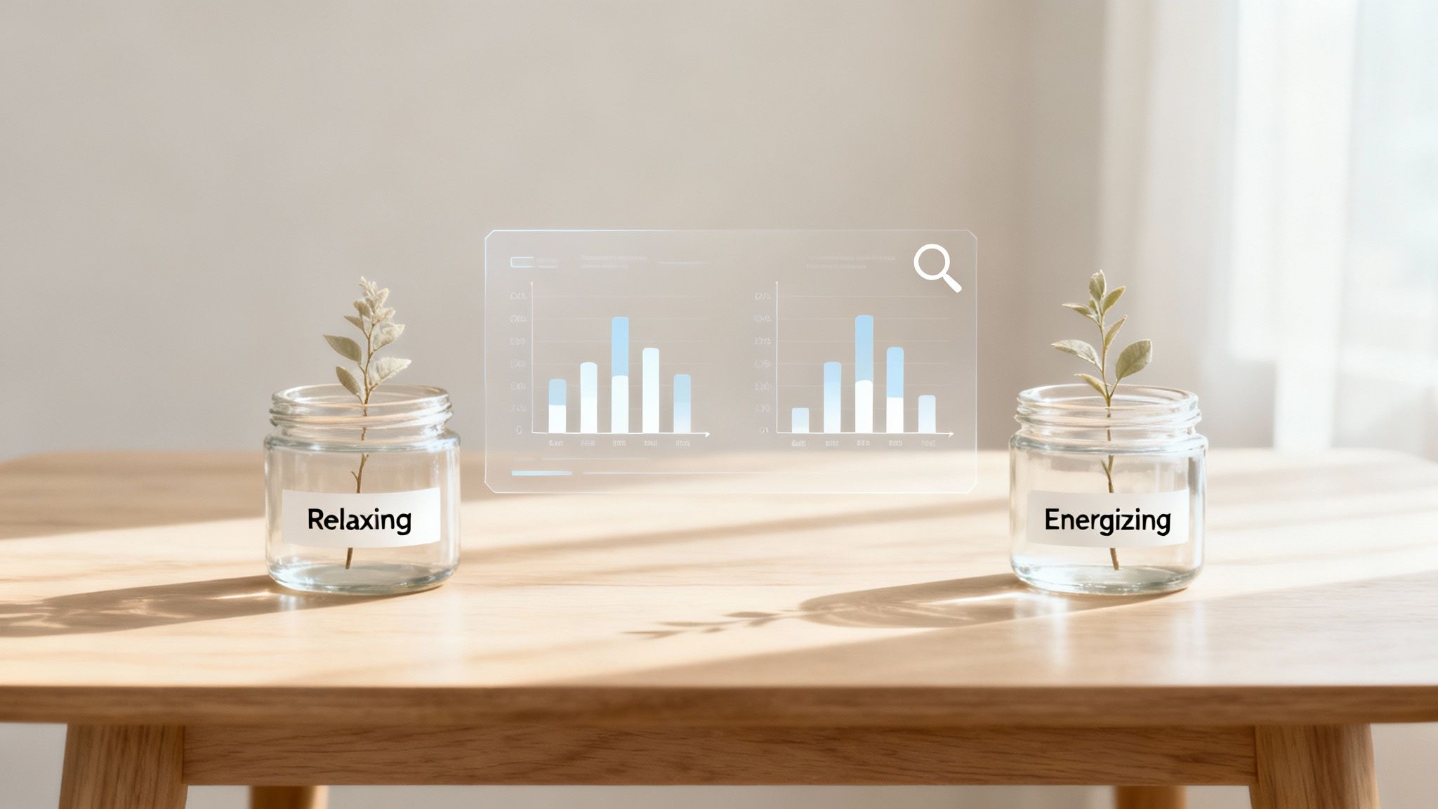 Indica vs Sativa Effects What Really Matters 1 Two glass jars, 'Relaxing' and 'Energizing', with plants and data charts on a sunny wooden table.