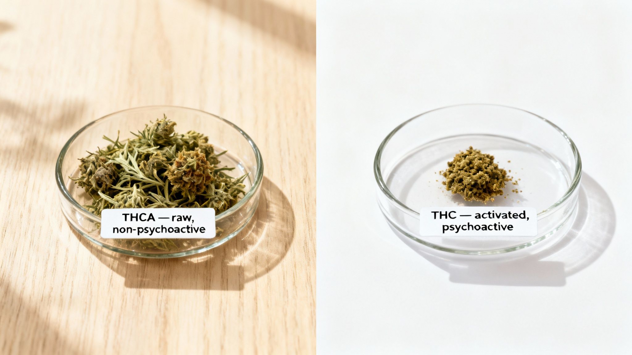 THC vs THCA Understanding The Key Cannabis Differences 1 Two petri dishes displaying raw THCA flower and activated THC powder, highlighting their different forms.