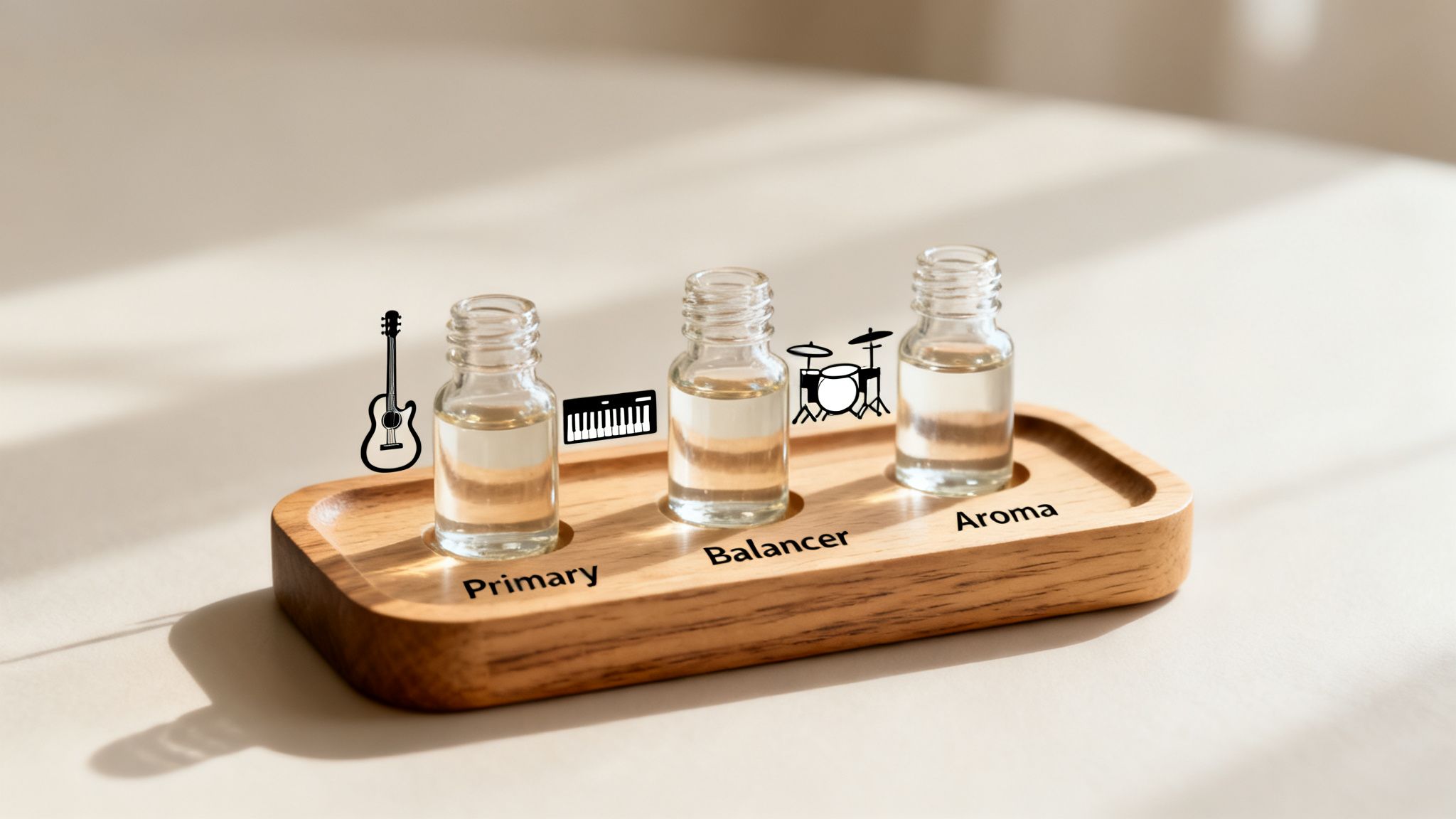 Does sativa make you sleepy: debunking myths and your cannabis experience 3 Three clear bottles of liquid, labeled Primary, Balancer, Aroma, with musical instrument graphics.