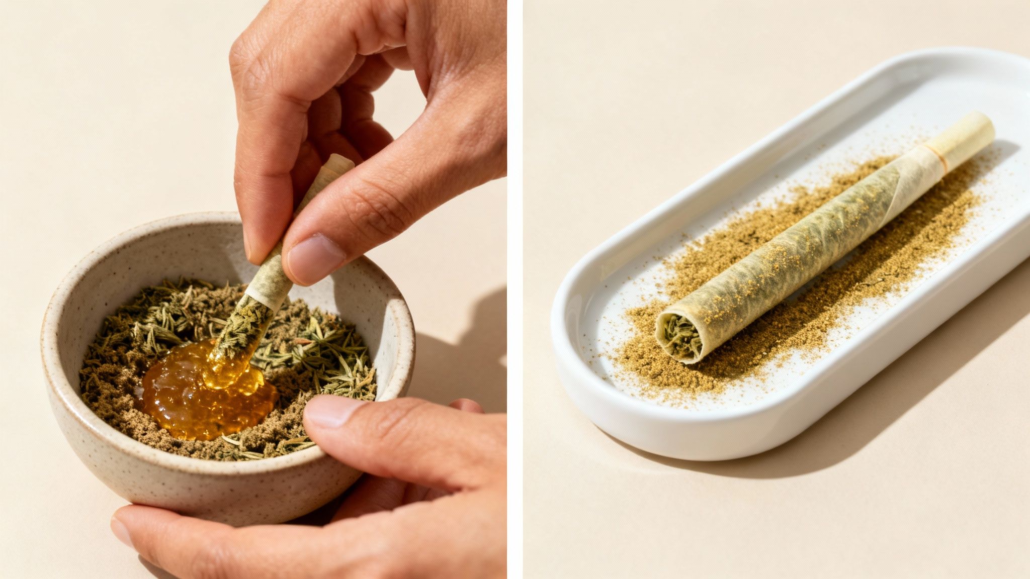 A Complete Guide to Infused Pre Rolls 3 Hands preparing an infused pre-roll by dipping it in concentrate and herbs, with the finished product shown on a tray.